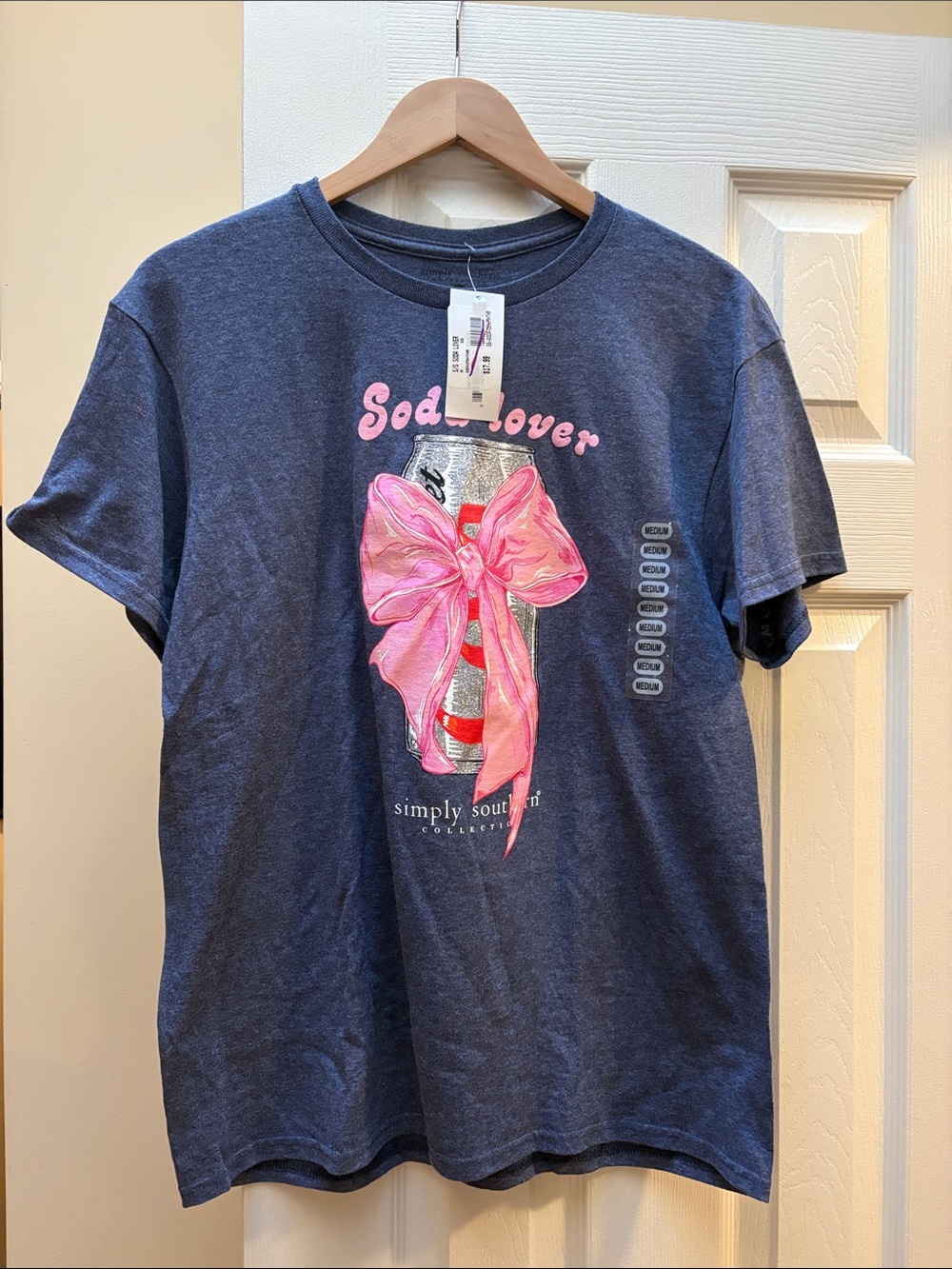 Simply Southern tee shirt  "Soda Lover" Navy Tee with Pink Bow medium NWT